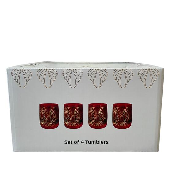 Neiman Marcus Holiday Red Gold Double Old Fashion Glass Tumbler Gift Set of 4 - Picture 14 of 15